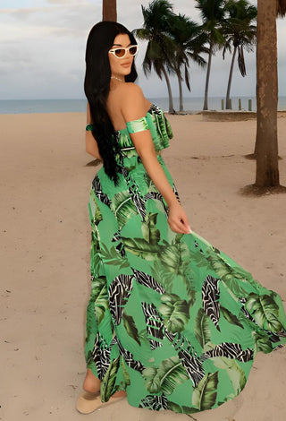 Women’s Tropical Leaf Print Off-Shoulder Set with Slit Skirt & Shorts - Manuel x506 | Mina Femme - Mina Femme