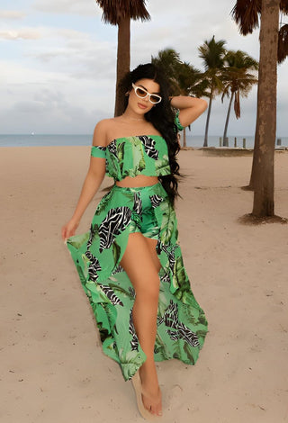 Women’s Tropical Leaf Print Off-Shoulder Set with Slit Skirt & Shorts - Manuel x506 | Mina Femme - Mina Femme