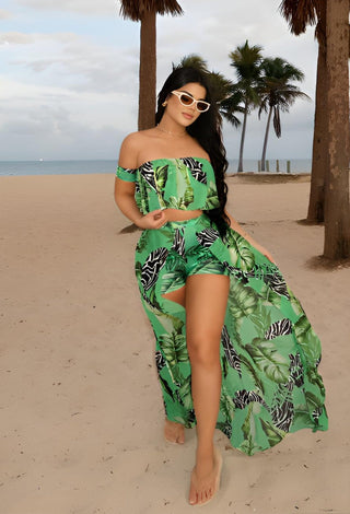 Women’s Tropical Leaf Print Off-Shoulder Set with Slit Skirt & Shorts - Manuel x506 | Mina Femme - Mina Femme