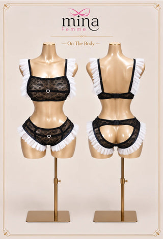 Women's Two-Piece Sheer Tulle Maid Lingerie Set with Ruffle Details - R549 - Mina Femme
