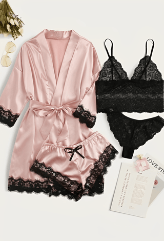 Elegant 4-Pieces Satin Lingerie Set with Lace Robe - W027 - Mina Femme