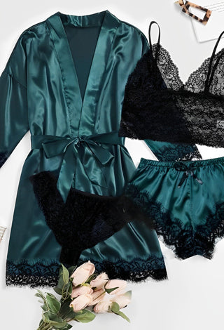 Elegant 4-Pieces Satin Lingerie Set with Lace Robe - W027 - Mina Femme